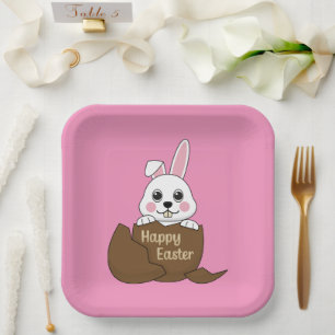 Cute White Bunny in Chocolate Egg Happy Easter Paper Plates