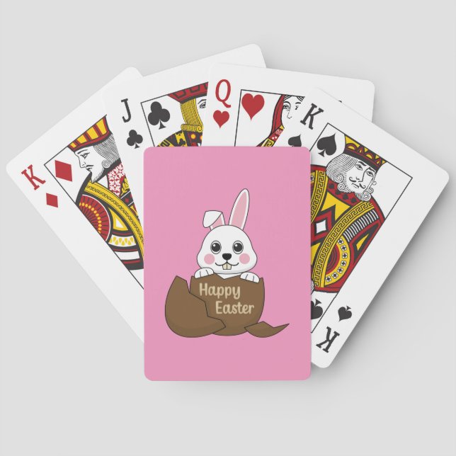 Cute White Bunny in Chocolate Egg Happy Easter Poker Cards (Back)