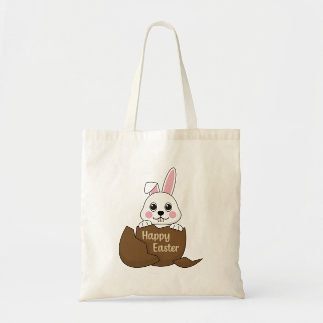 Cute White Bunny in Chocolate Egg Happy Easter Tote Bag (Front)