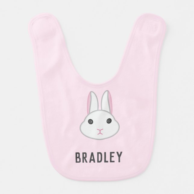 Cute white bunny on pink baby bib (Front)