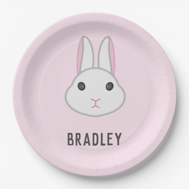 Cute white bunny on pink paper plates (Front)