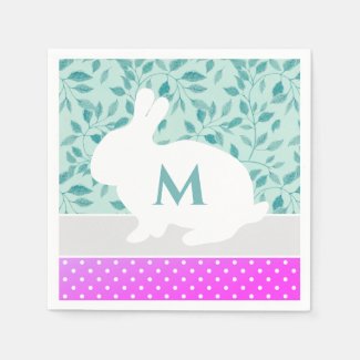 Cute White Bunny on Polka Dots and Leaves Monogram