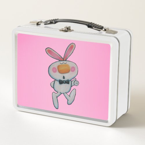Cute White Bunny Orange Nose Thumbs Up Pink Metal Lunch Box