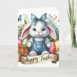 Cute White Bunny Overalls Illustration Easter Holiday Card