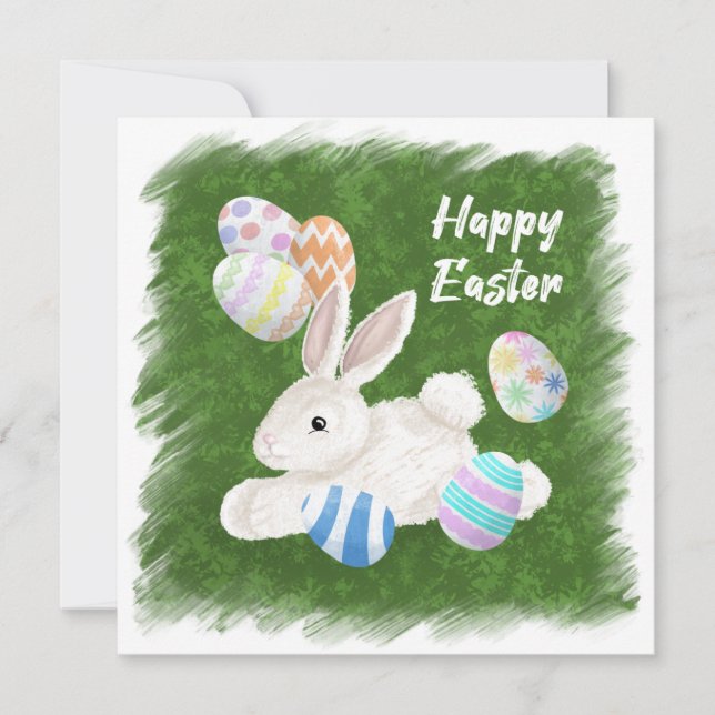 Cute White Bunny | Painted Eggs | Happy Easter Holiday Card (Front)