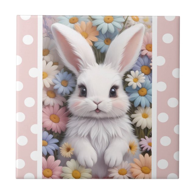 Cute White Bunny Pastel Daisy Flowers Ceramic Tile (Front)