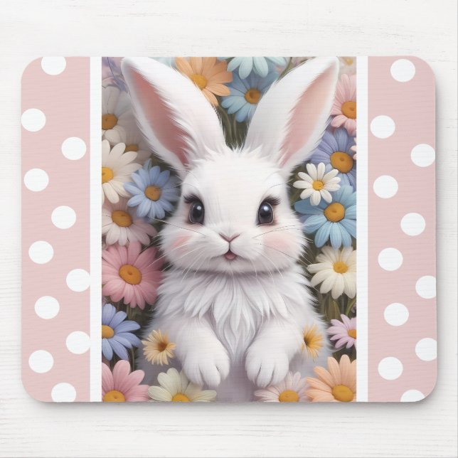 Cute White Bunny Pastel Daisy Flowers Mouse Pad (Front)
