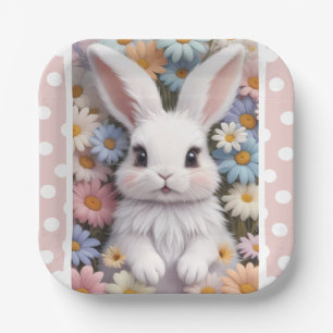 Cute White Bunny Pastel Daisy Flowers Paper Plates