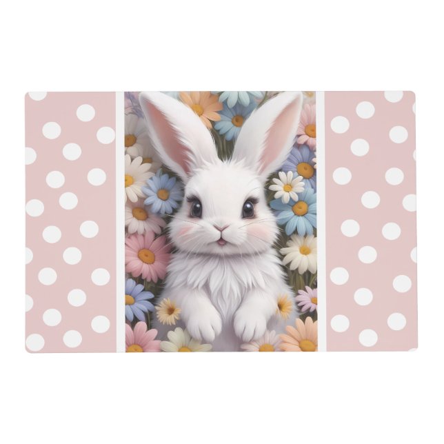 Cute White Bunny Pastel Daisy Flowers Placemat (Front)