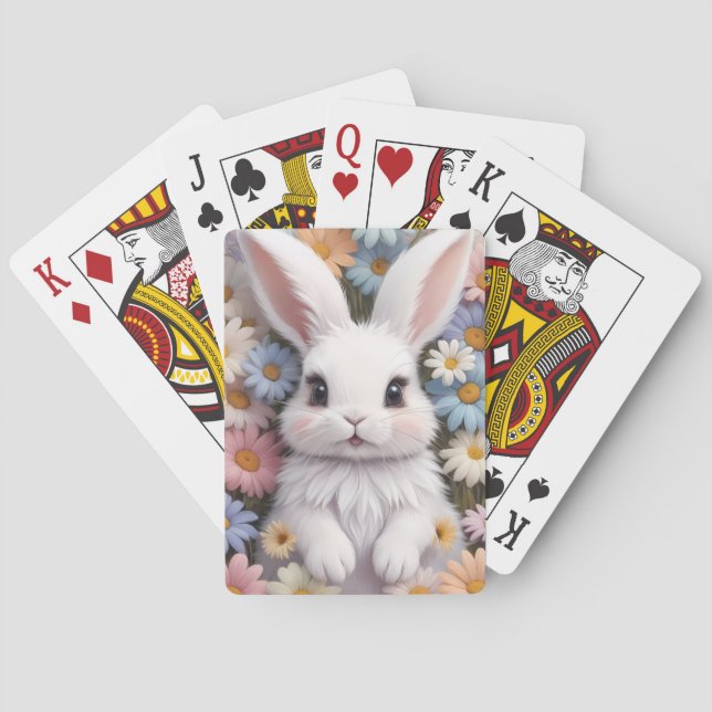 Cute White Bunny Pastel Daisy Flowers Poker Cards (Back)