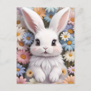 Cute White Bunny Pastel Daisy Flowers Postcard