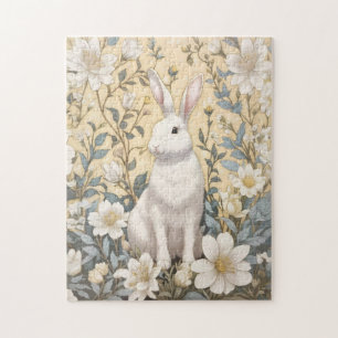 Cute White Bunny Pastel Yellow Floral  Jigsaw Puzzle