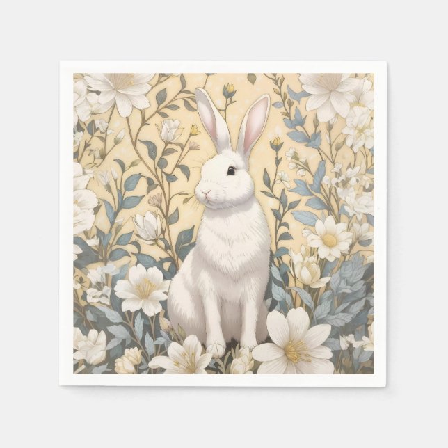 Cute White Bunny Pastel Yellow Floral  Napkins (Front)