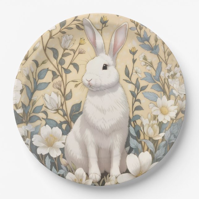Cute White Bunny Pastel Yellow Floral  Paper Plates (Front)