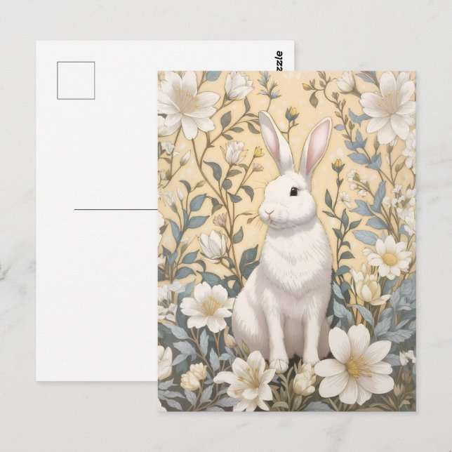 Cute White Bunny Pastel Yellow Floral  Postcard (Front/Back)