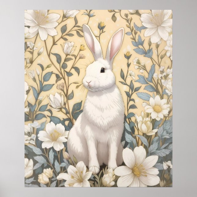 Cute White Bunny Pastel Yellow Floral  Poster (Front)