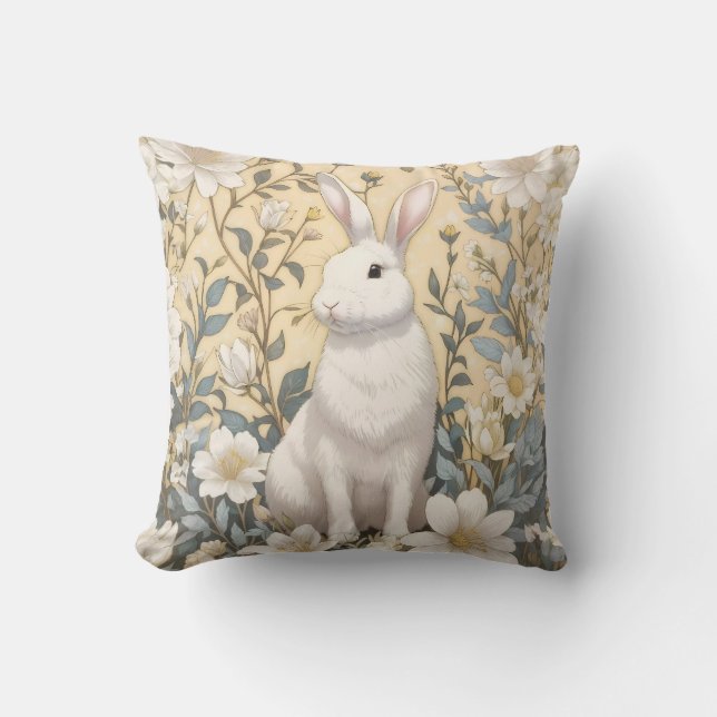Cute White Bunny Pastel Yellow Floral  Throw Pillow (Front)