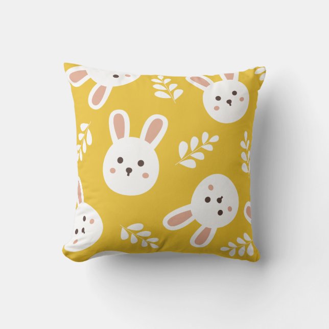 Cute White Bunny Pattern Whimsical Mustard Yellow  Throw Pillow (Front)