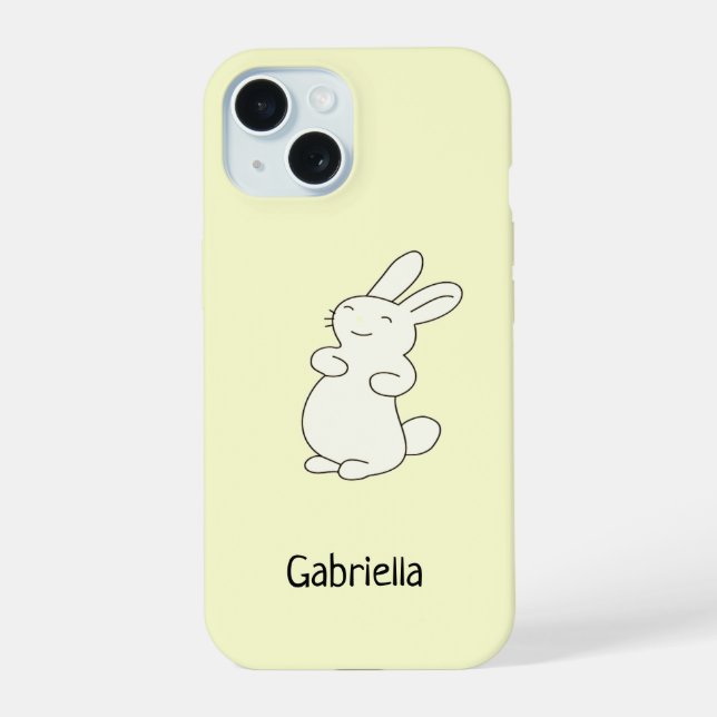 Cute white bunny personalized name yellow iPhone 15 case (Back)