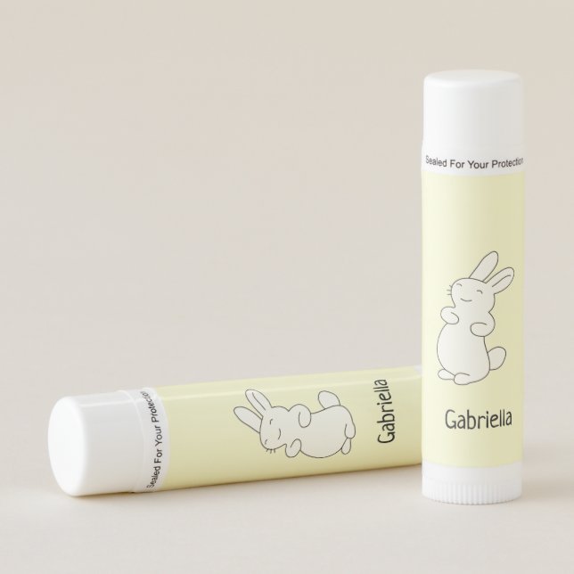 Cute white bunny personalized name yellow lip balm (Front)