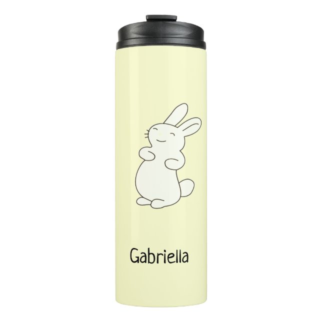 Cute white bunny personalized name yellow thermal tumbler (Front)