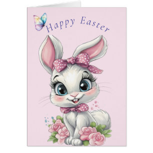 Cute White Bunny Pink Bow Roses Butterfly Cards