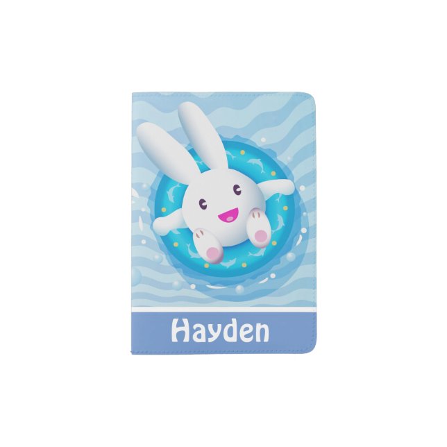 Cute White Bunny play Pool Kids Personalised Passport Holder (Front)