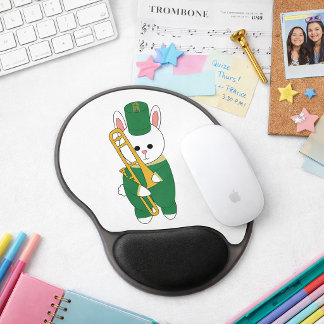 Cute White Bunny Playing Trombone Green Marching Gel Mouse Pad