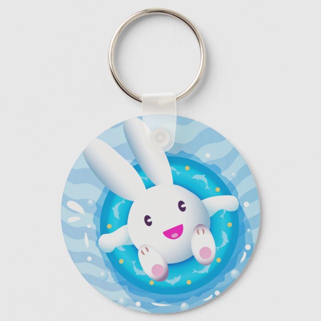 Cute White Bunny Pool Party Keychain (Front)