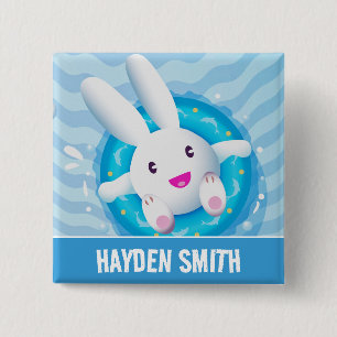 Cute White Bunny Pool Party Personalised Button