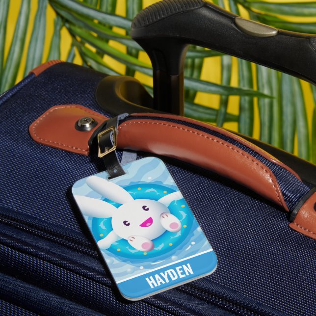 Cute White Bunny Pool Party Personalised Luggage Tag (Front Insitu 1)