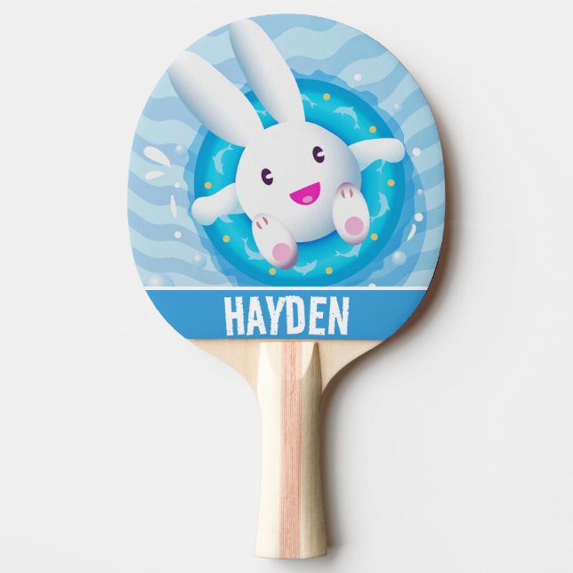 Cute White Bunny Pool Party Personalised Ping Pong Paddle (Front)