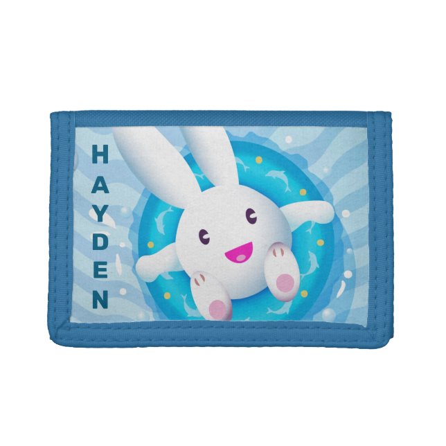 Cute White Bunny Pool Party Personalised Trifold Wallet (Front)