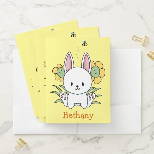 Cute White Bunny Rabbit And Flowers  Pocket Folder