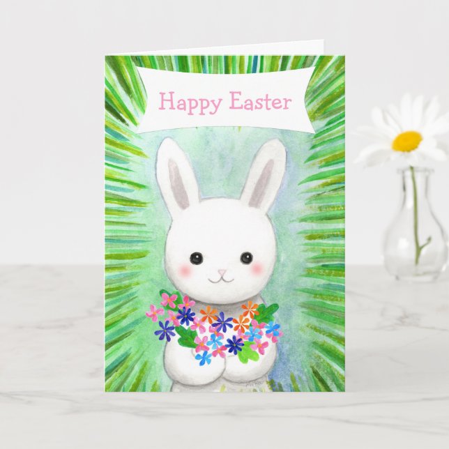 Cute White Bunny Rabbit Custom Text Happy Easter Card (Small Plant)