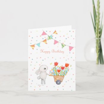 Cute White Bunny Rabbit Flowers Happy Birthday Card by MiKaArt at Zazzle