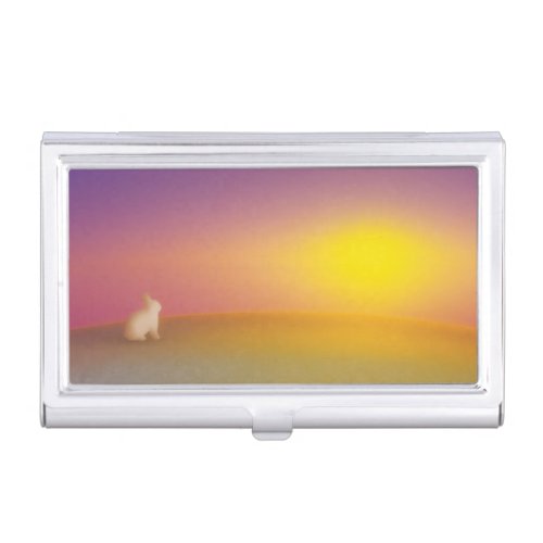 Cute White Bunny Rabbit on Grassy Hill at Sunrise Business Card Case