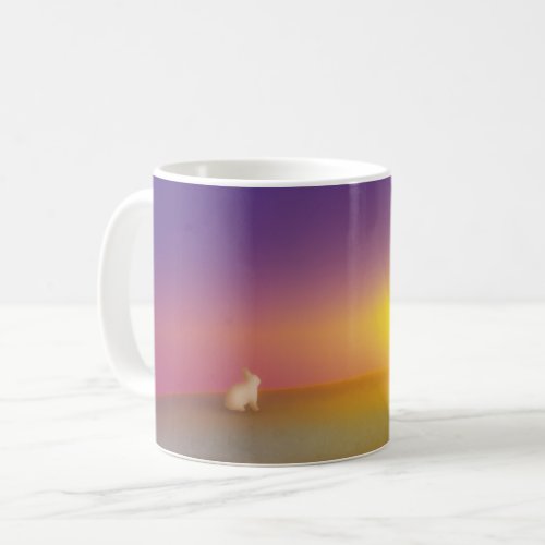 Cute White Bunny Rabbit on Grassy Hill at Sunrise Coffee Mug