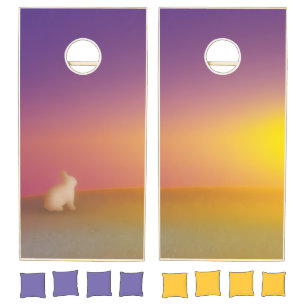 Cute White Bunny Rabbit on Grassy Hill at Sunrise Cornhole Set