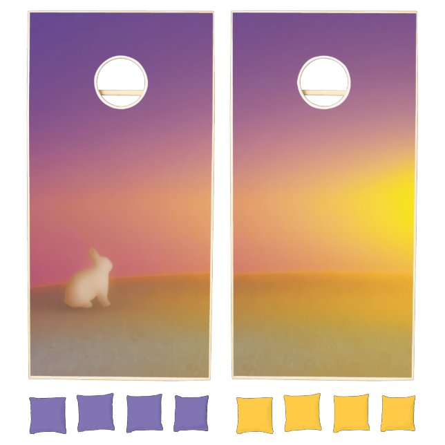Cute White Bunny Rabbit on Grassy Hill at Sunrise Cornhole Set (Set)