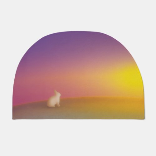 Cute White Bunny Rabbit on Grassy Hill at Sunrise Doormat