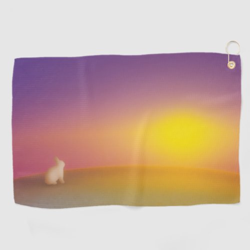 Cute White Bunny Rabbit on Grassy Hill at Sunrise Golf Towel