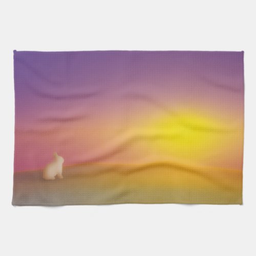 Cute White Bunny Rabbit on Grassy Hill at Sunrise Kitchen Towel