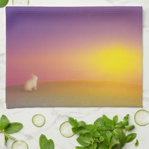 Cute White Bunny Rabbit on Grassy Hill at Sunrise Kitchen Towel