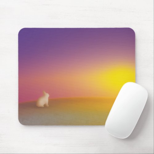 Cute White Bunny Rabbit on Grassy Hill at Sunrise Mouse Pad