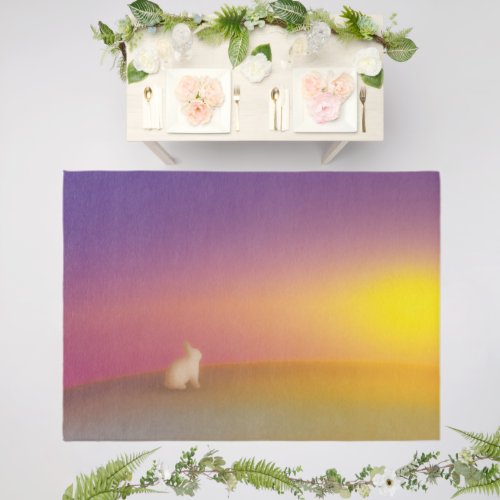 Cute White Bunny Rabbit on Grassy Hill at Sunrise Outdoor Rug