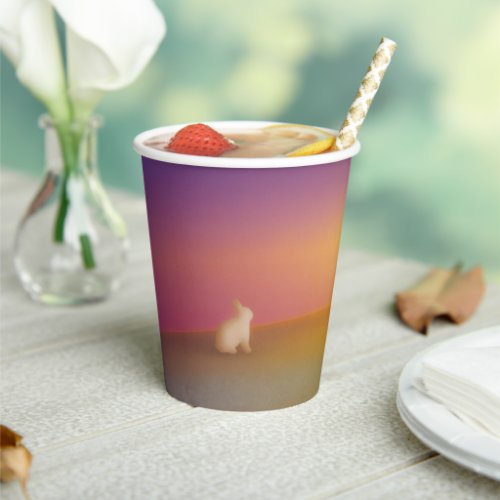 Cute White Bunny Rabbit on Grassy Hill at Sunrise Paper Cups