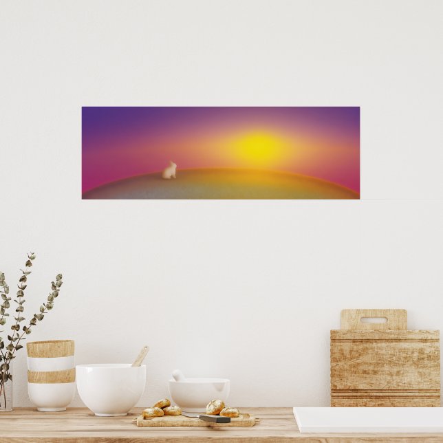 Cute White Bunny Rabbit on Grassy Hill at Sunrise Poster (Kitchen)