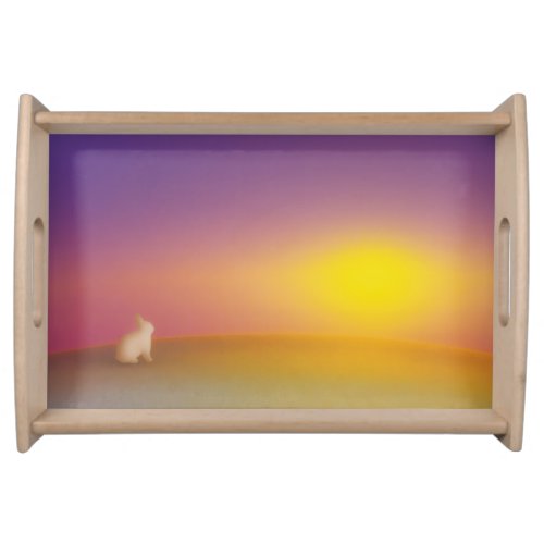 Cute White Bunny Rabbit on Grassy Hill at Sunrise Serving Tray