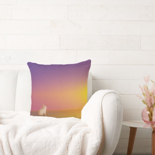 Cute White Bunny Rabbit on Grassy Hill at Sunrise Throw Pillow